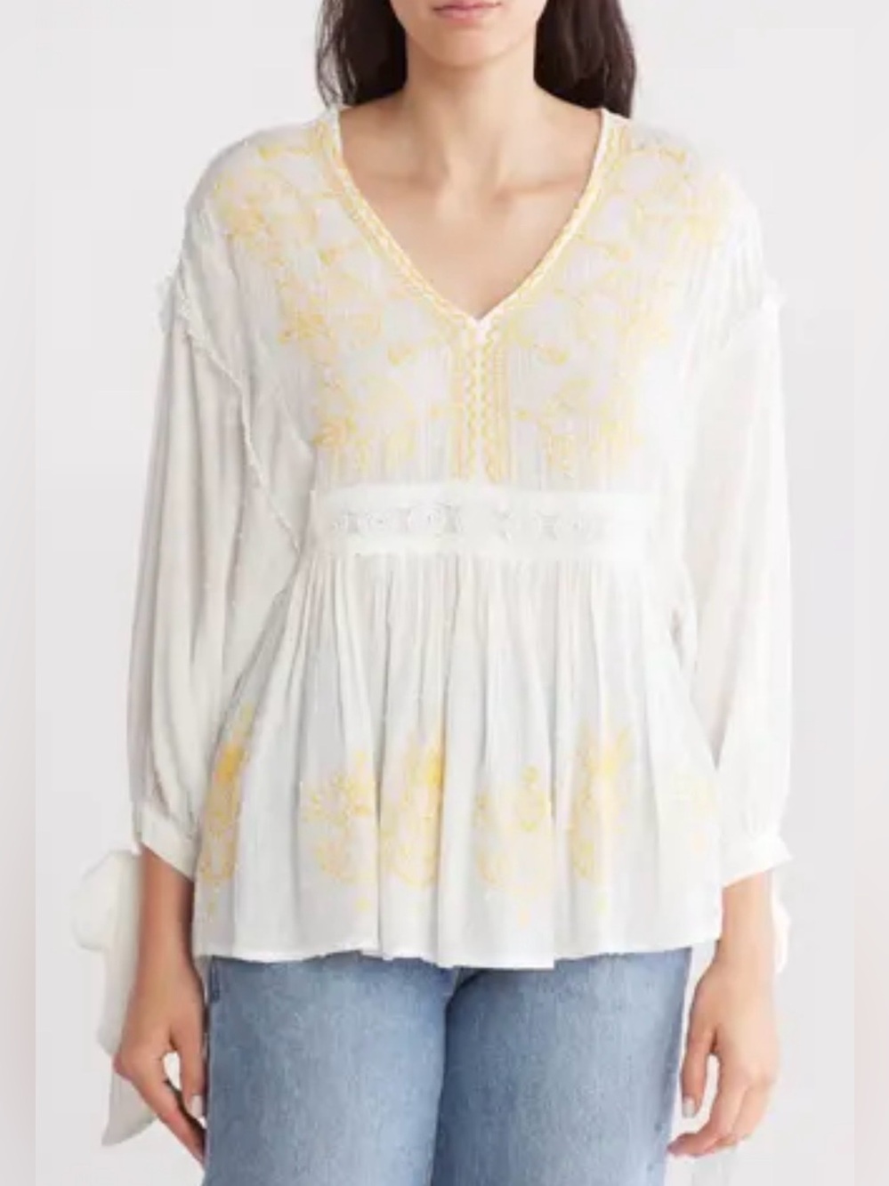 Anthropologie Liv Los Angeles Women XL 
blouse White/Yellow Embroidered Bohemian